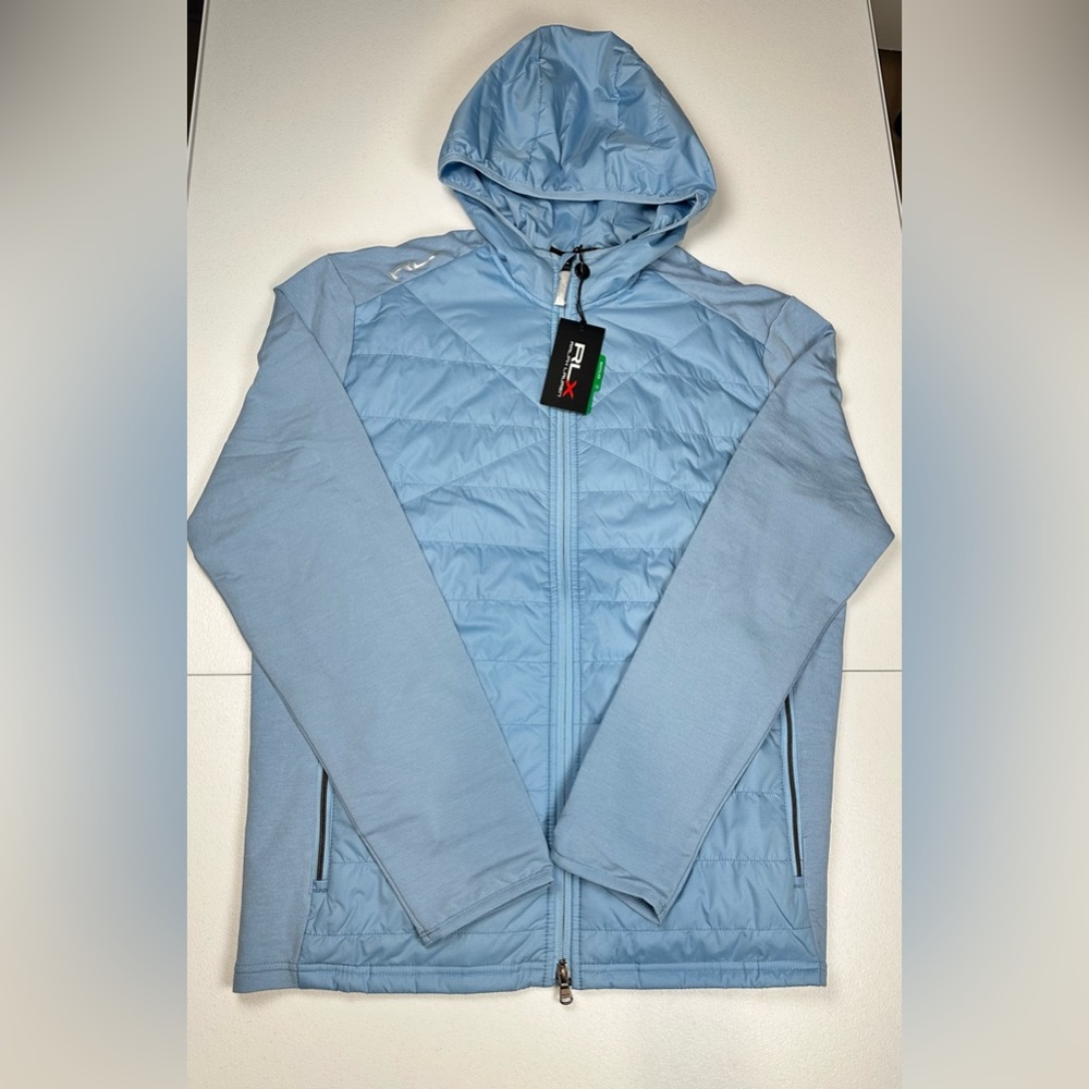 RLX‎ Ralph Lauren Hybrid Wool Full Zip Quilted Hooded Jacket Light Blue Mens L
